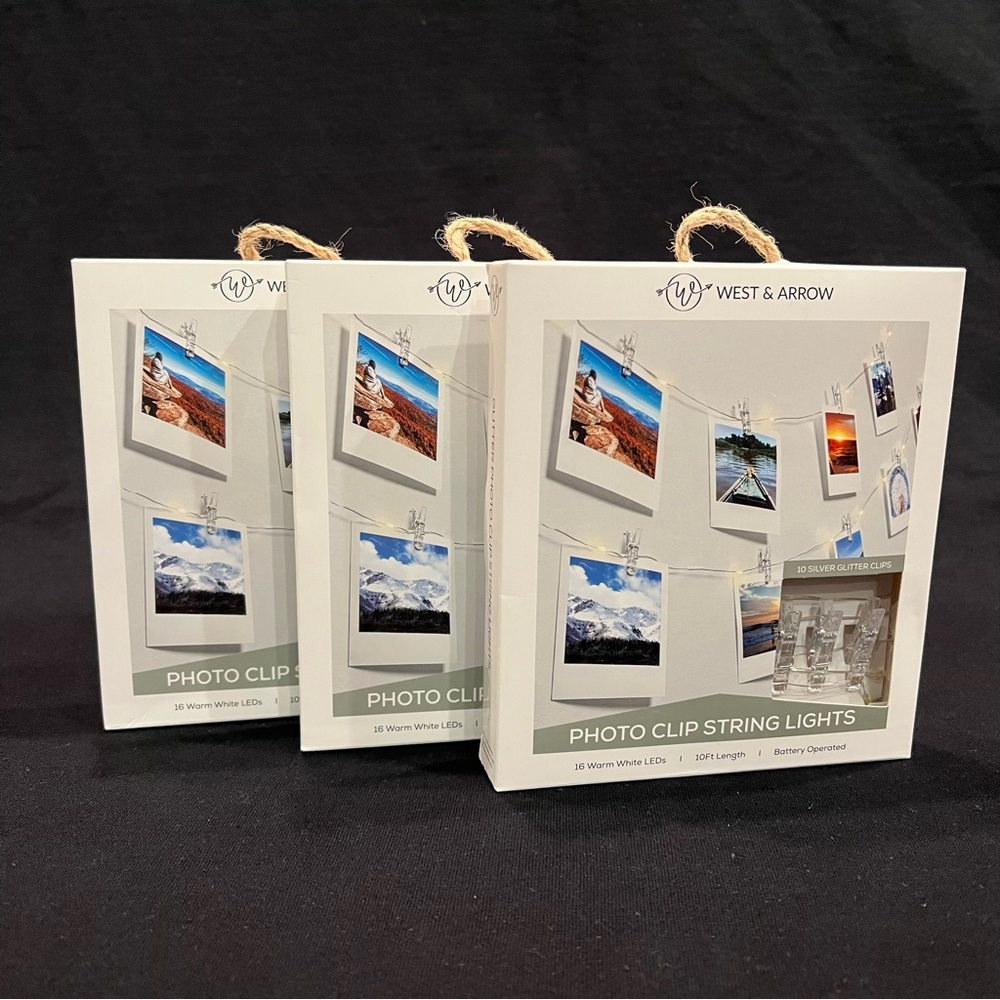 West & Arrow Photo Clip String Lights Set of 3 Warm White LED 10' Battery NEW